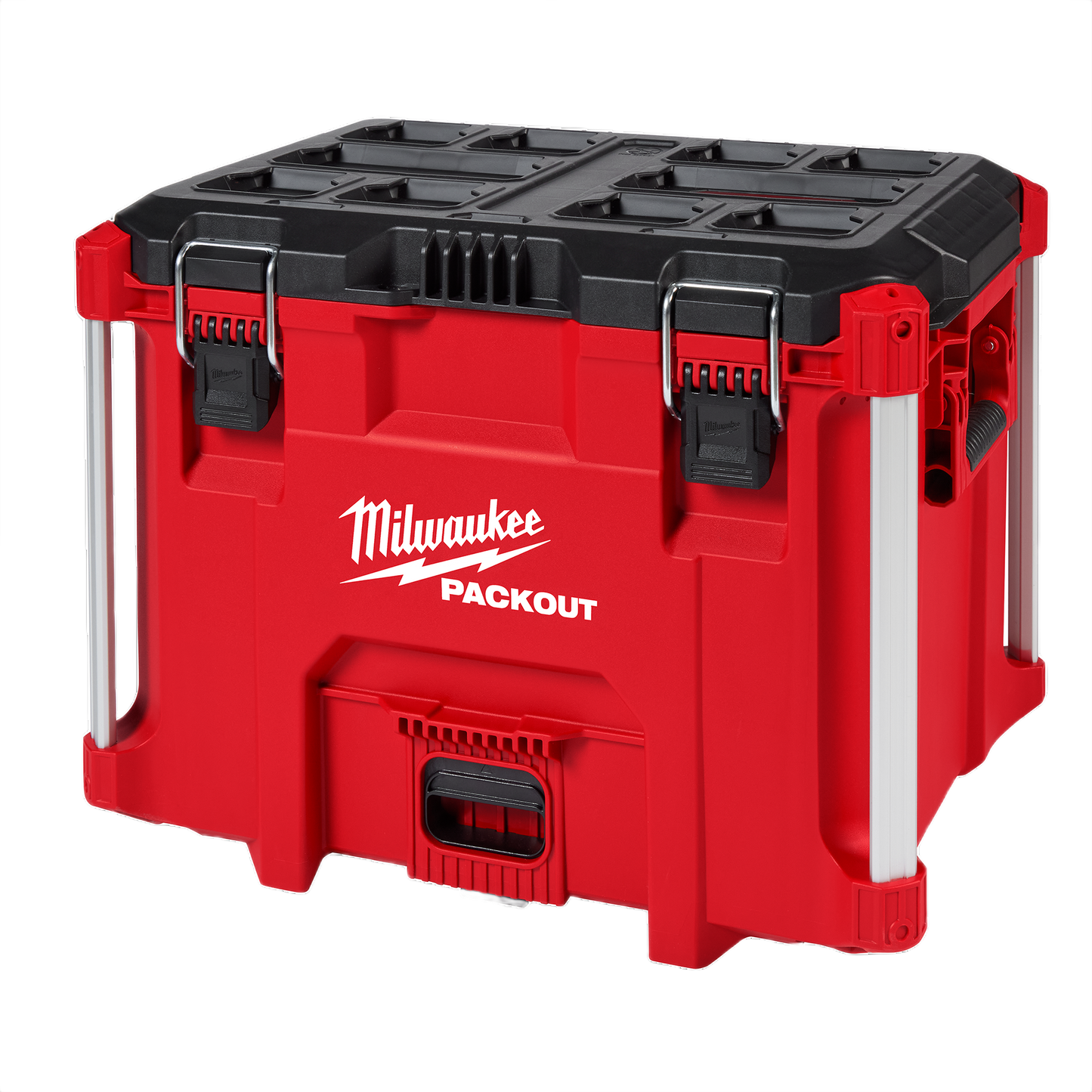 Red and black durable heavy-duty tool storage box with metal reinforcements for jobsite or workshop organization