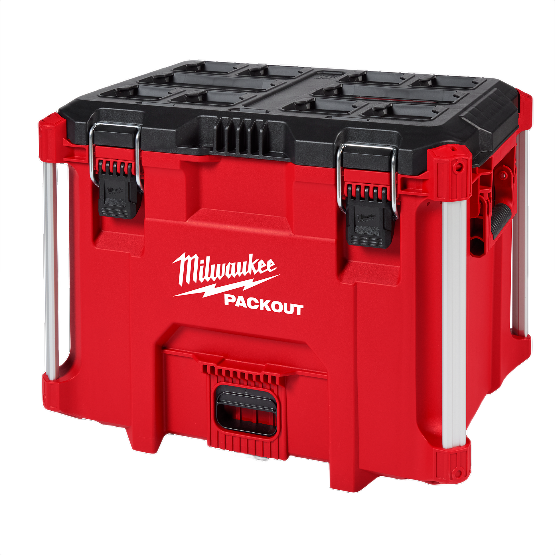 Red and black durable heavy-duty tool storage box with metal reinforcements for jobsite or workshop organization