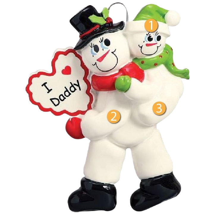 Personalized snowman ornament featuring dad and child with I Love Daddy heart, festive holiday decoration under $50