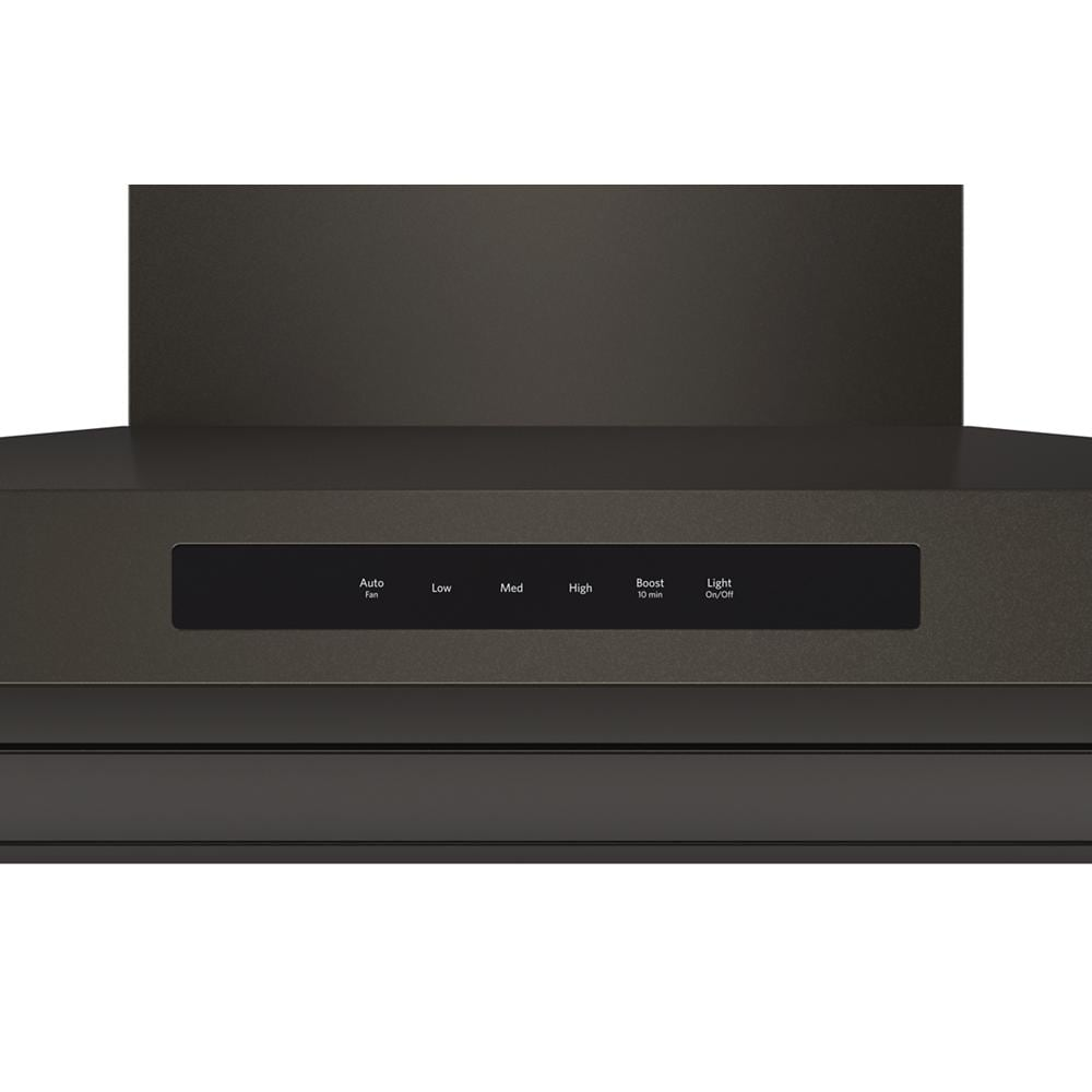 Matte black wall-mount canopy hood with multi-speed fan controls and boost feature from KitchenAid range hoods collection
