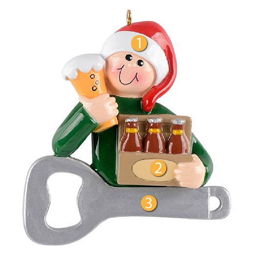 Festive ornament featuring figure in Santa hat holding beer glass, six-pack, and silver bottle opener for Christmas decor under $50