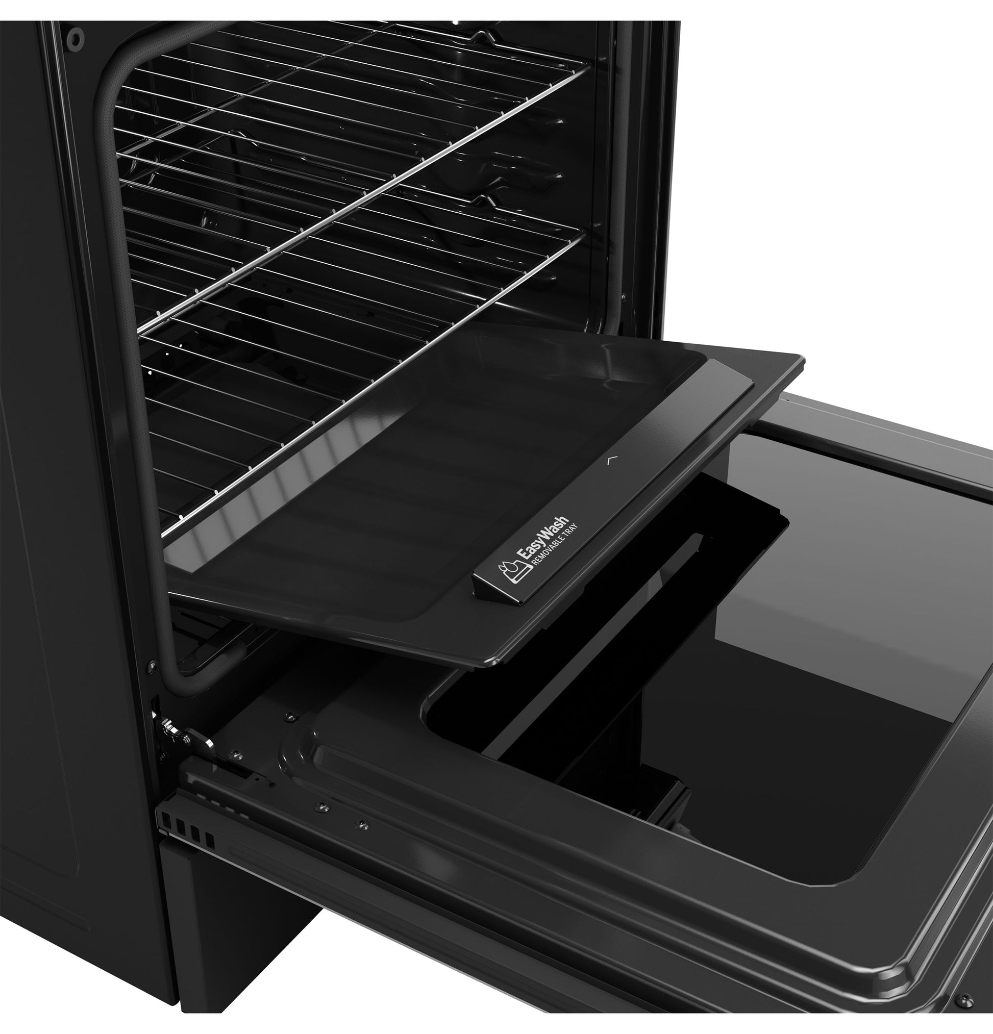 Open black convection oven with EasyWash™ oven tray sliding out on rack, part of kitchen appliances collection