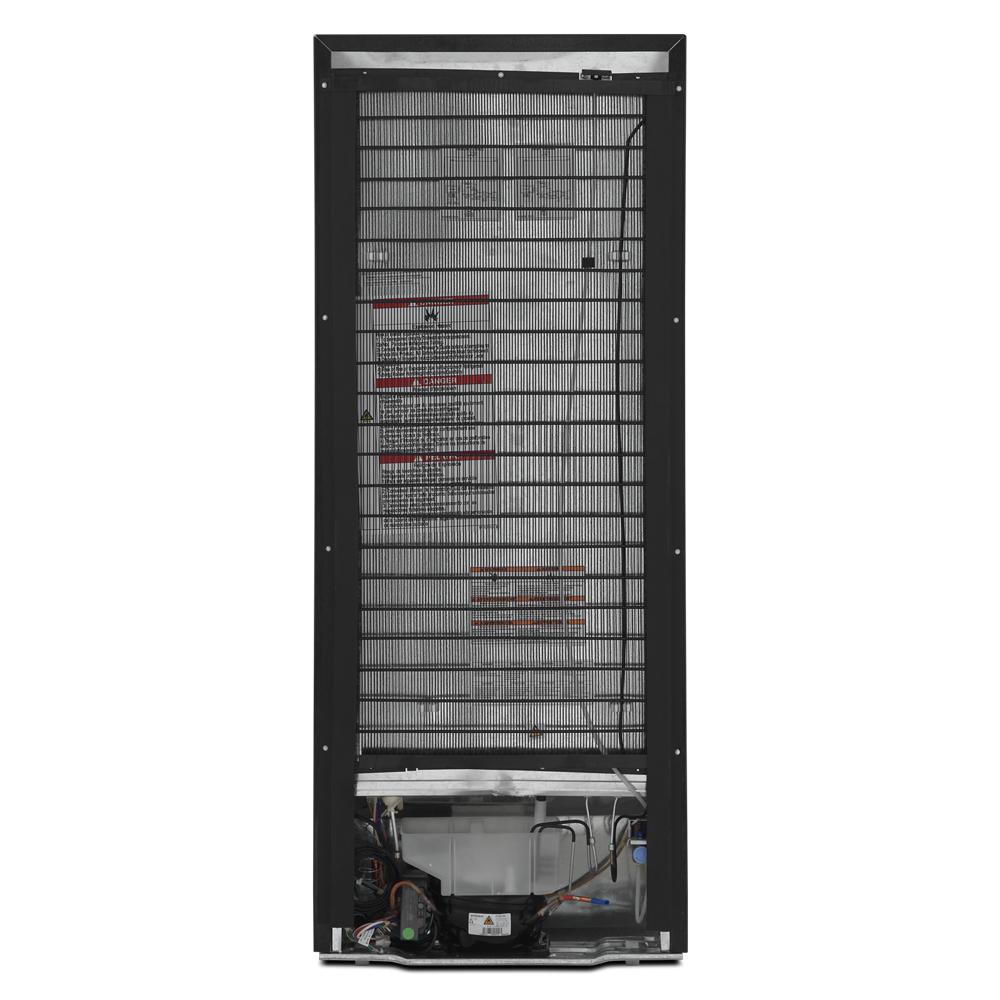 Rear view of a 24-inch wide small space top-freezer refrigerator showing condenser coils and compressor in appliances collection