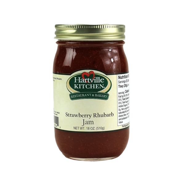 Glass jar of Hartville Kitchen strawberry rhubarb jam from jams and jellies collection under $50
