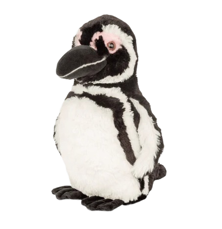 Soft black and white plush penguin toy with detailed pink eye accents and textured feet for cuddling or display