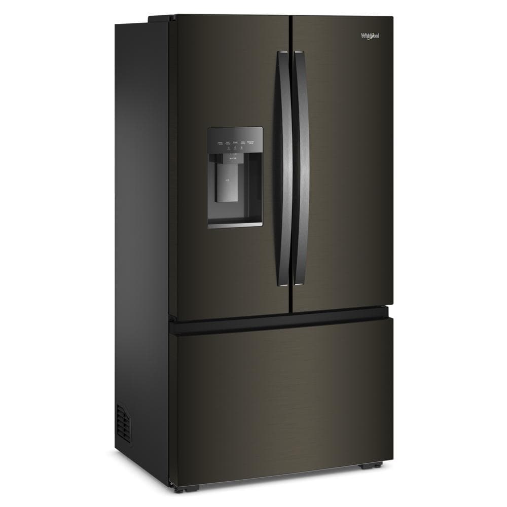 36-inch wide black stainless steel French door refrigerator with in-door water and ice dispenser in appliances collection