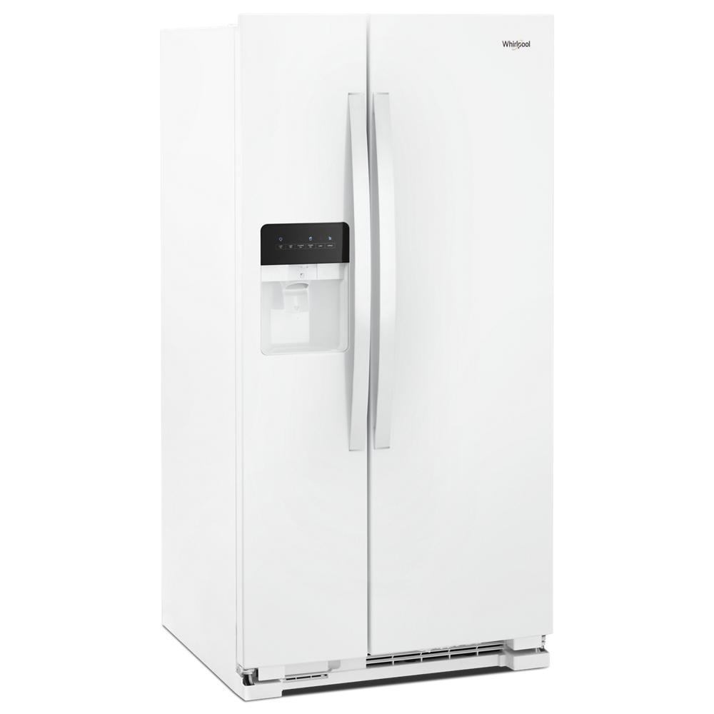 White 36-inch wide Whirlpool side-by-side refrigerator with ice maker and digital control panel in kitchen appliance collections