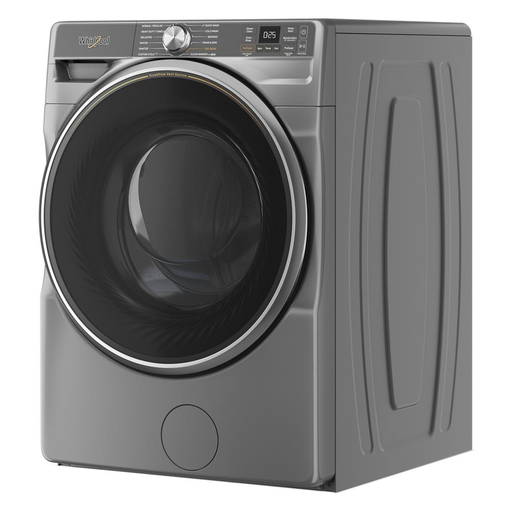 Front view of a gray smart front load washer with digital display and control knob from washers and appliances collection