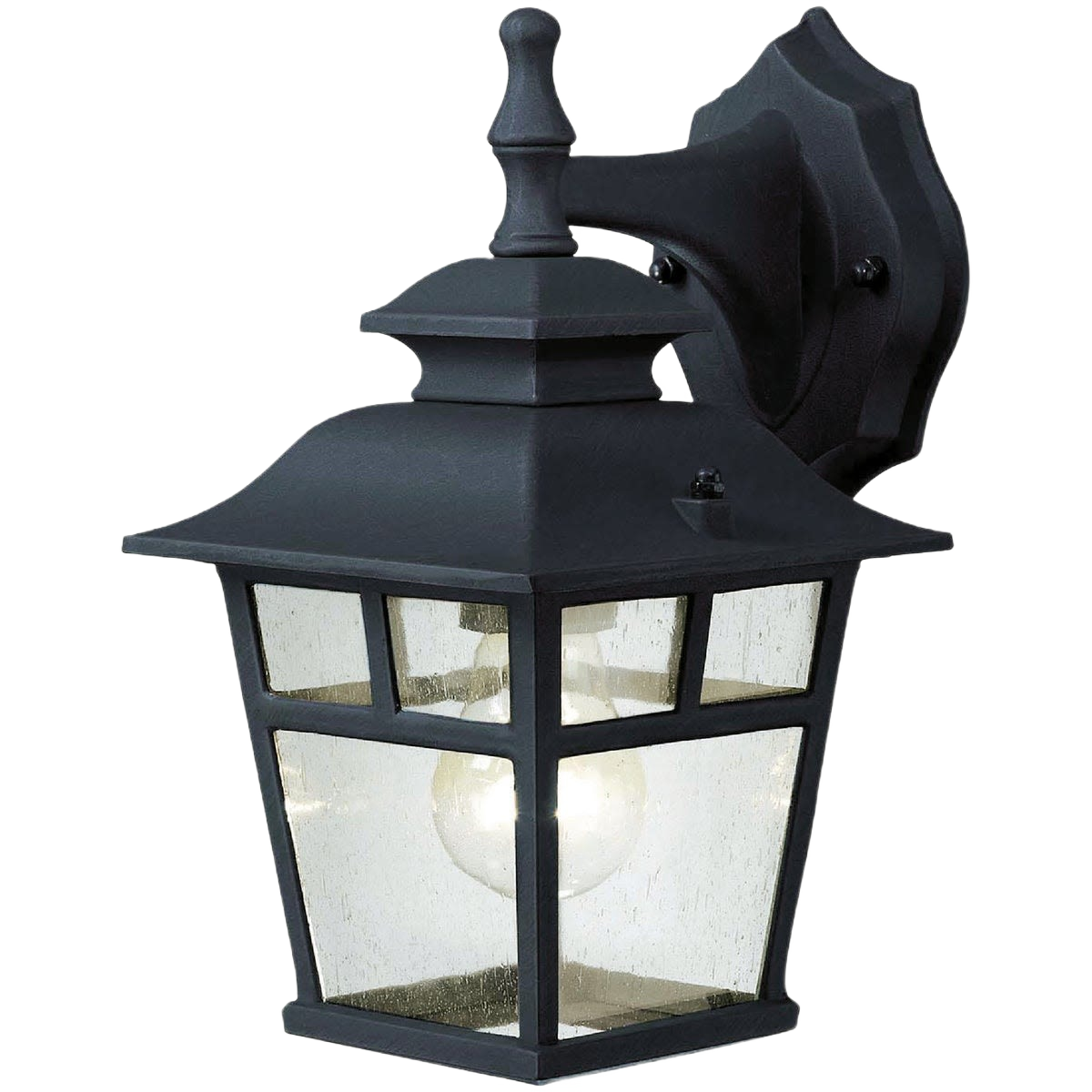 Black outdoor wall light fixture with clear glass panels and decorative mounting for outdoor living and wall lighting