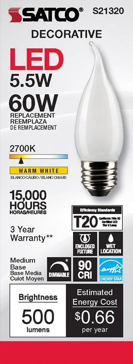LED decorative bulb with 5.5 watts, warm white 2700K glow, medium base for lighting and home improvement under $50 category