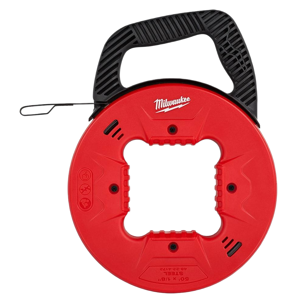 Red and black steel fish tape with ergonomic handle designed for durable use in tools and home improvement tasks
