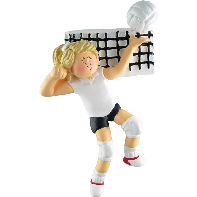 Blonde female volleyball figurine in white and black uniform hitting ball near net for Christmas Ornaments collection