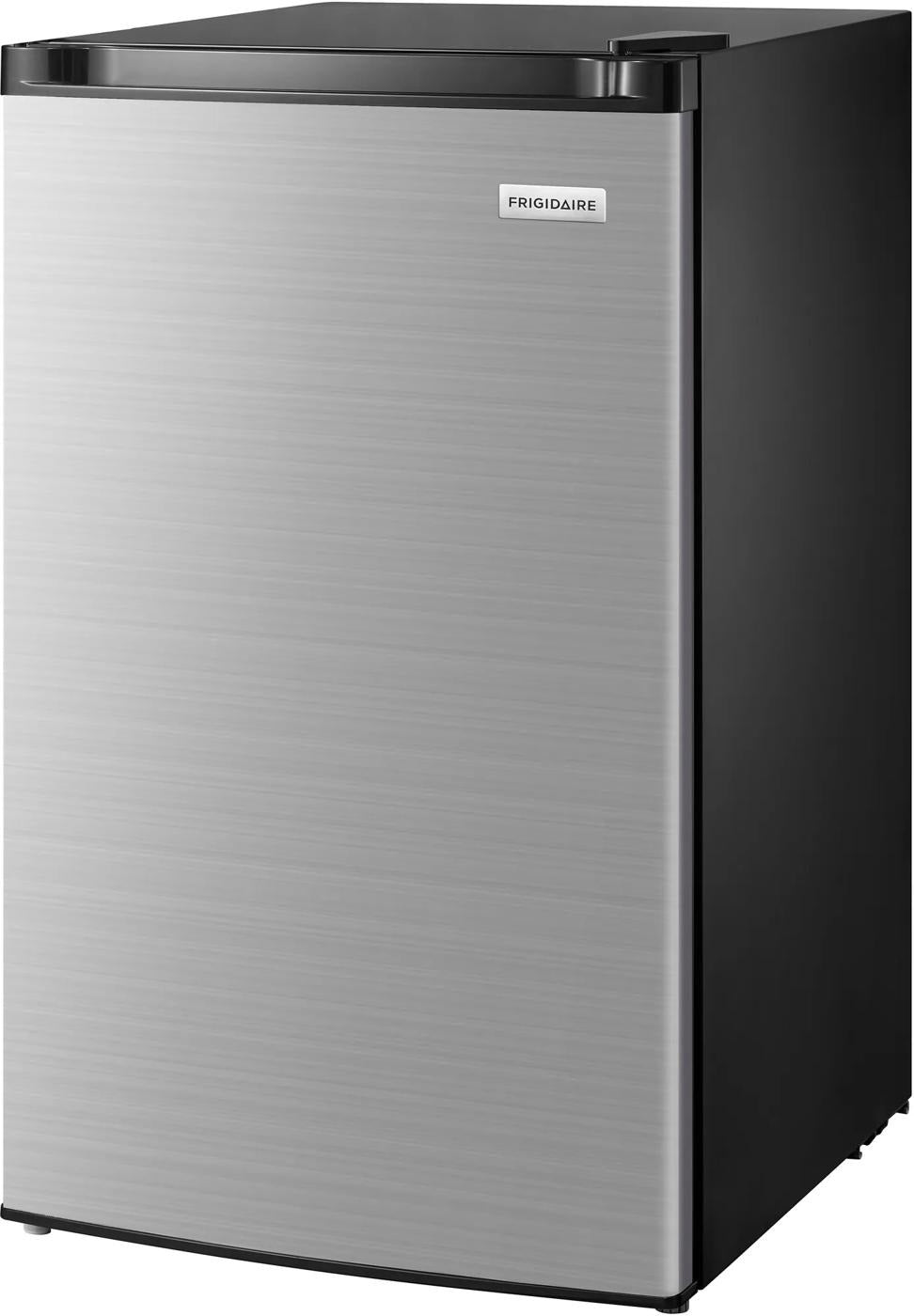 Compact refrigerator with brushed stainless steel door, black top handle, and minimalist Frigidaire logo, ideal for Refrigerators, Mini Refrigerators, Kitchen & Kitchenware, All Products, and Appliances collections.