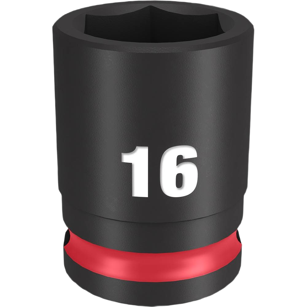 Black 16-mm 6 point impact socket with red ring, durable steel construction for Hand Tools and Home Improvement projects