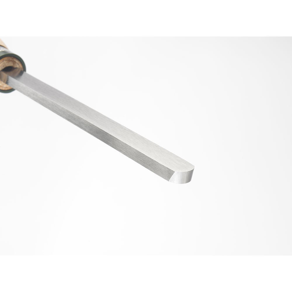 Close-up of a domed high-speed steel scraper blade with a smooth beech wood handle in woodworking tools under $50 collection