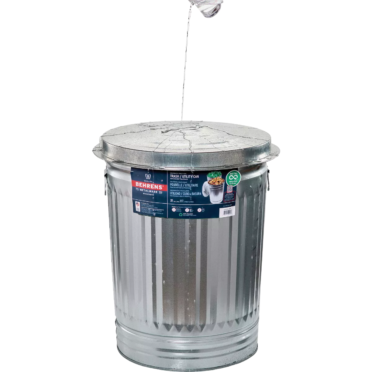 Galvanized steel garbage can with corrugated sides, wire-reinforced rim, and large handles for cleaning and waste baskets under $50