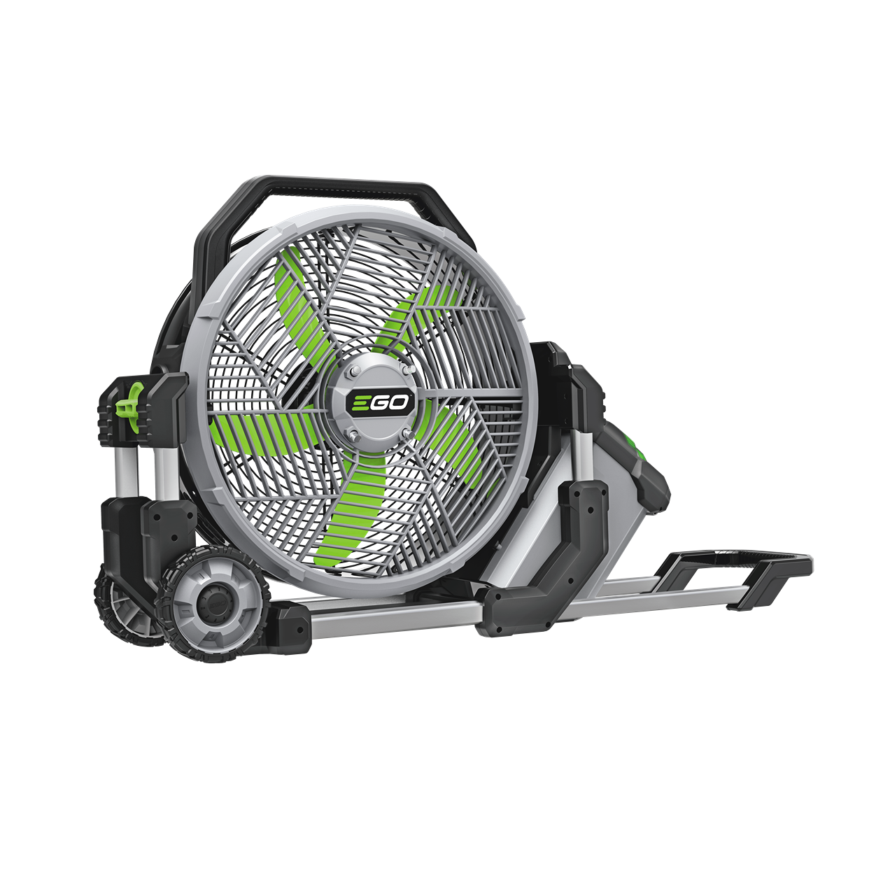 Battery-powered 18-inch portable misting fan with green-accented blades for outdoor cooling and air management tools.