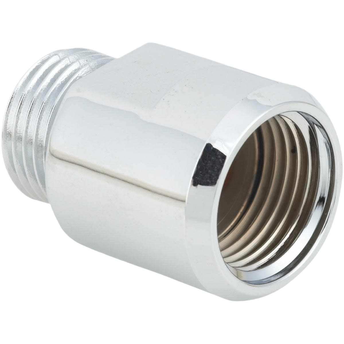 Chrome-plated automatic shower flow control fitting with threaded ends for home improvement and water-saving tools