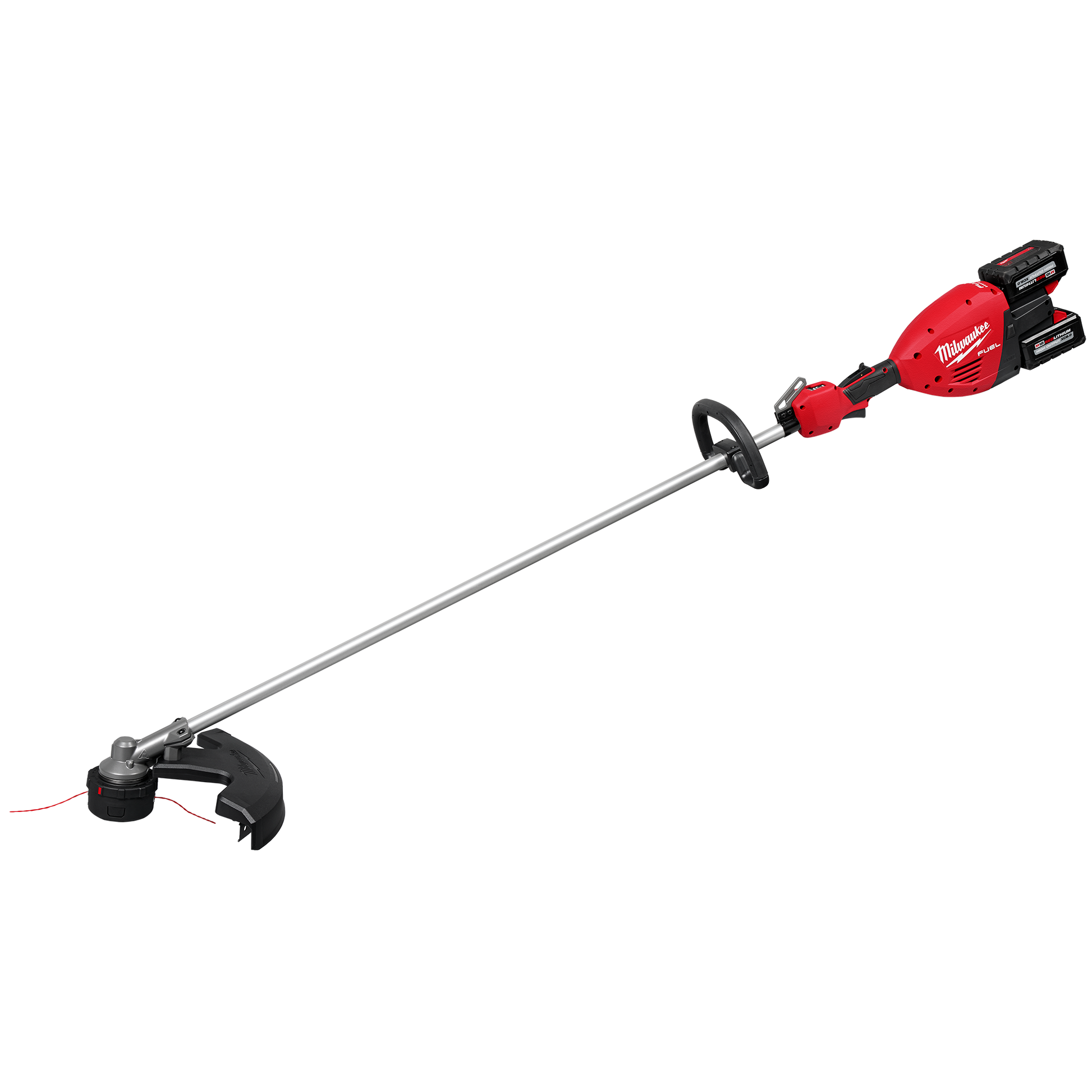 Red and black cordless string trimmer with dual batteries and long shaft for landscaping and home improvement tasks