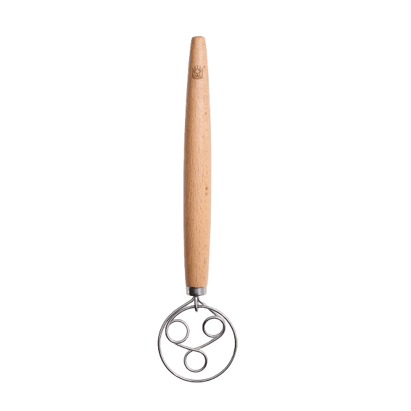 Wood-handled batter whisk with unique triple-loop stainless steel head for smooth mixing in kitchen utensil collections