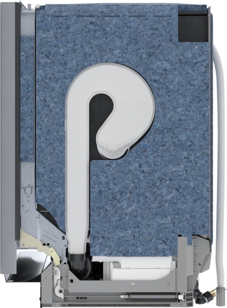 Internal side view of a dishwasher showcasing insulation, water tubing, and mechanical components from Bosch Appliances collection