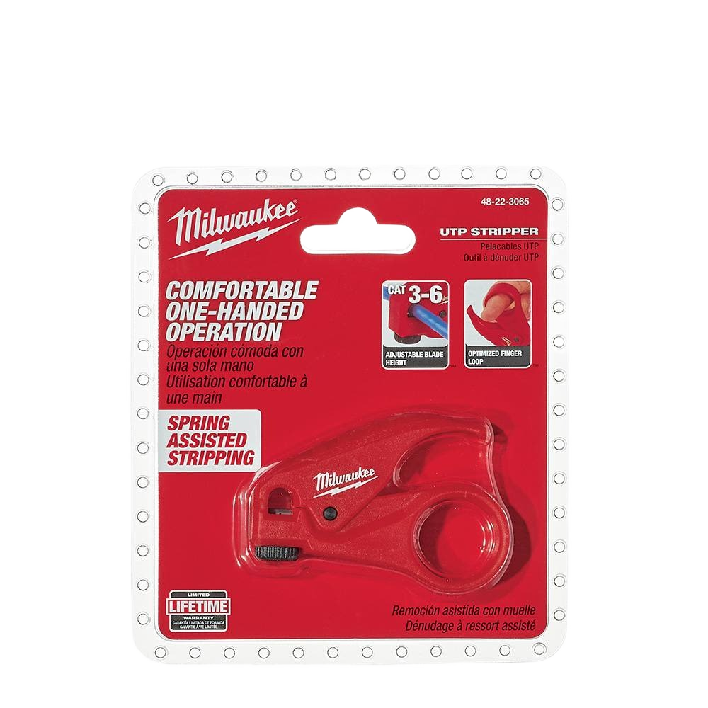Red hand tool with adjustable blade designed for comfortable one-handed stripping of twisted pair cables in home improvement tasks