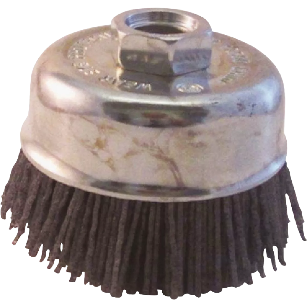 Gray nylon cup brush with abrasive grit bristles for surface prep in woodworking and power tool accessories collections