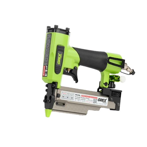 Green and black pneumatic headless pinner tool for precise fastening in home improvement and woodworking projects