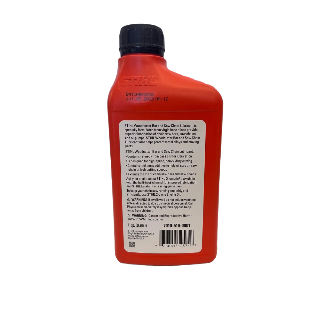 Red 32 oz container of STIHL bar and chain lubricant with safety and usage information for tools and home improvement.