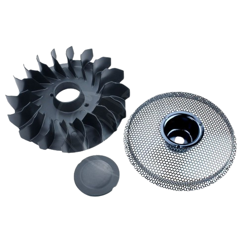 Set of durable black flywheel components including fan blade and mesh cover for John Deere engine and mechanic tools