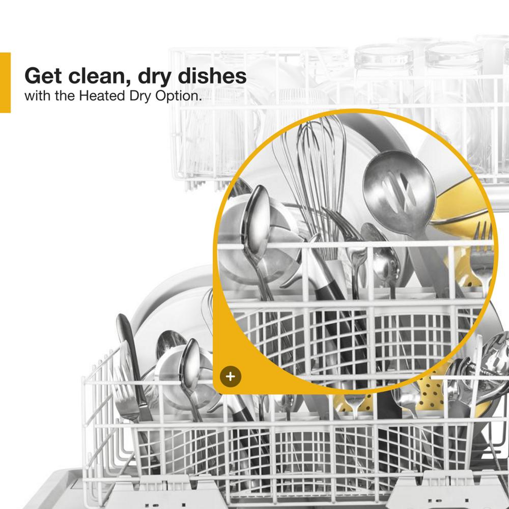Close-up on clean kitchen utensils and dishes inside heavy-duty dishwasher highlighting heated dry option feature