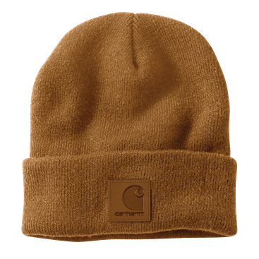Soft brown rib knit beanie with a matching leather logo patch, designed for warmth in clothing, accessories, and scarves & hats collections.