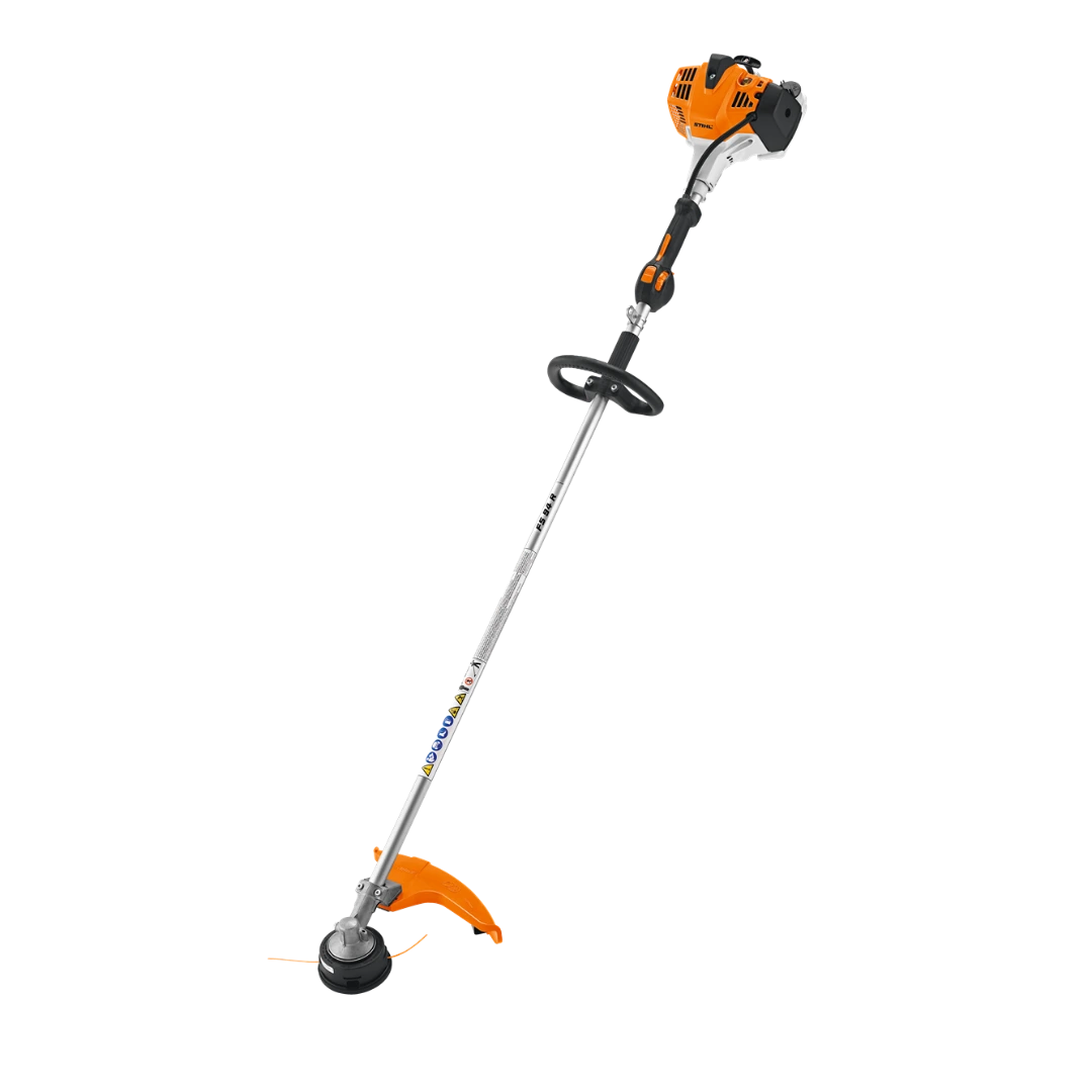 Gas-powered grass trimmer with orange housing, loop handle, and cutting guard for home improvement tasks