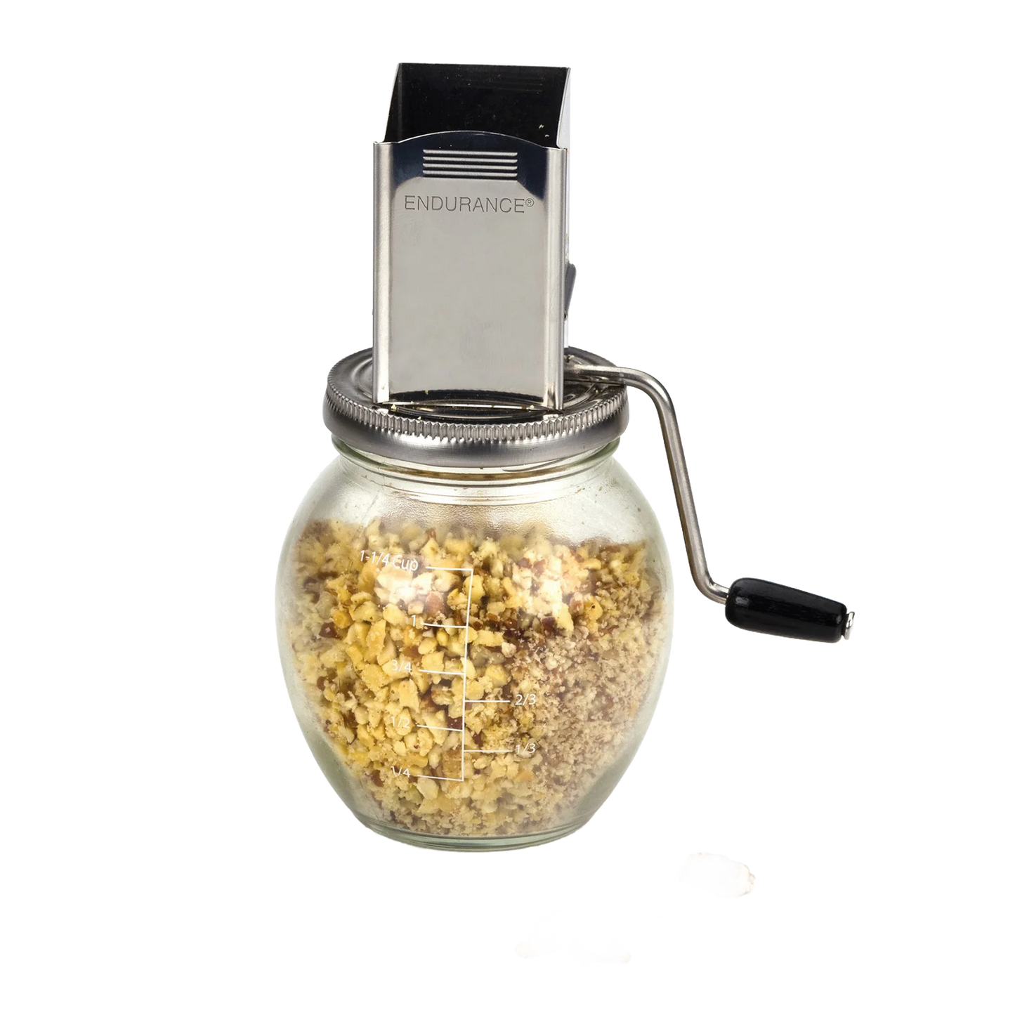 Clear glass vintage-style nut grinder jar with stainless steel crank and lid for kitchen gadgets under $50 collection