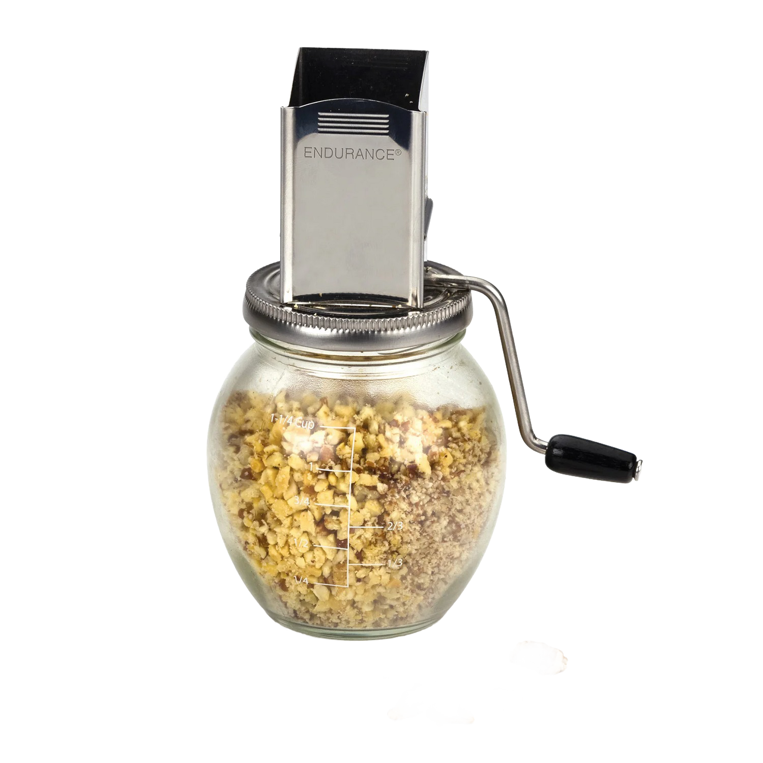 Clear glass vintage-style nut grinder jar with stainless steel crank and lid for kitchen gadgets under $50 collection