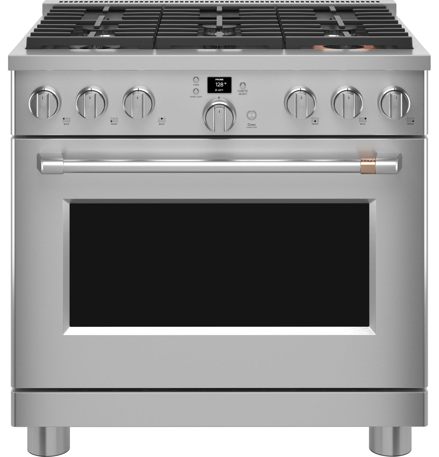 Stainless steel smart gas range with six burners, bronze knob accents, and digital control panel in kitchen appliance setting
