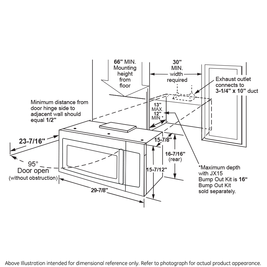 Line drawing of over-the-range microwave with detailed installation dimensions for kitchen and home improvement planning.