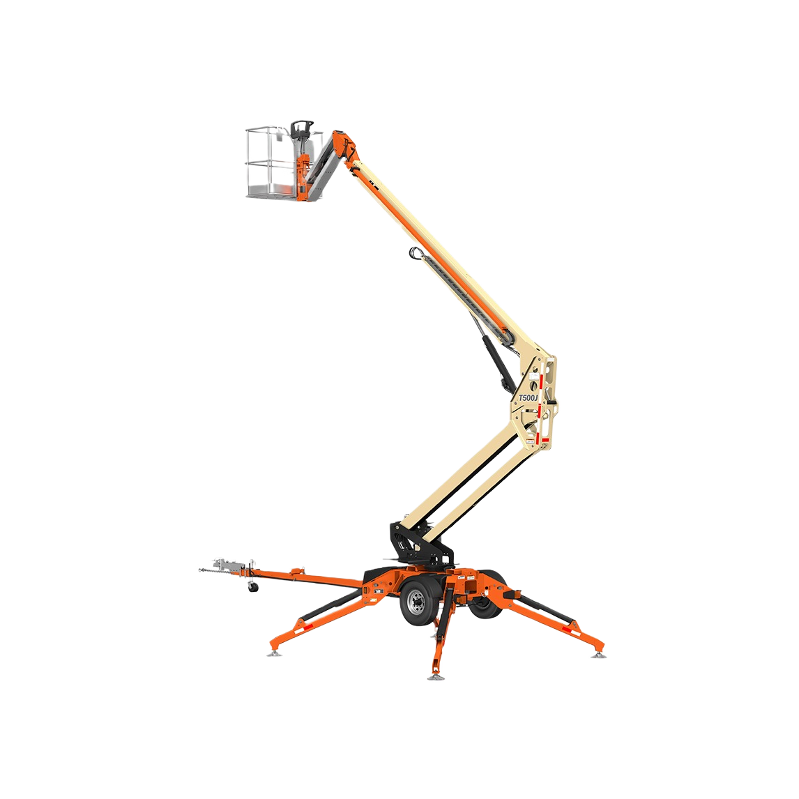 Towable boom lift with extended arm and safety platform, part of Rental Equipment and All Products for home improvement tools at Hartville Hardware.