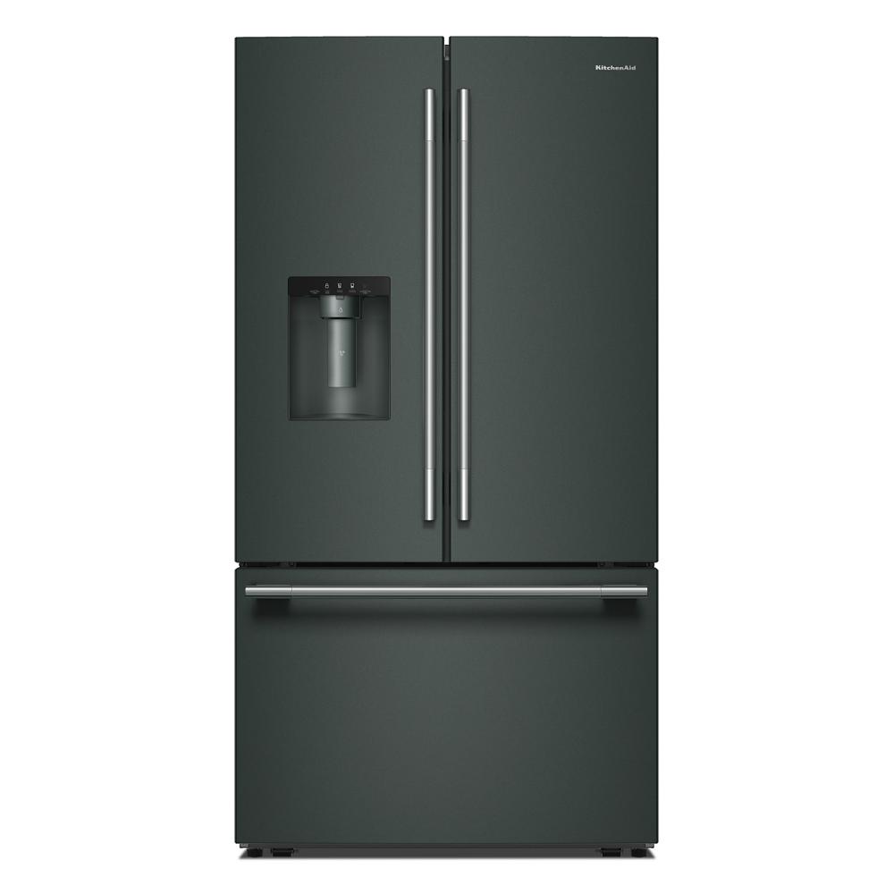 Matte black French door refrigerator with bottom freezer and built-in exterior water and ice dispenser for kitchen use
