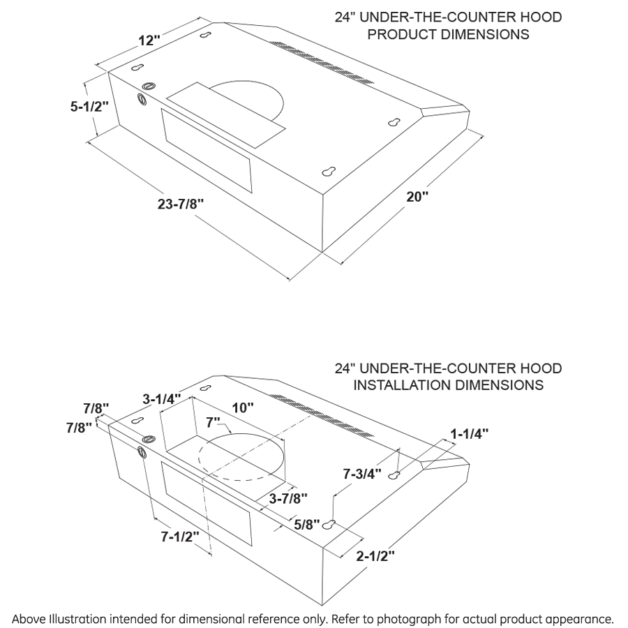 Technical line drawing showing detailed dimensions for 24-inch under-the-counter range hood installation and product size.