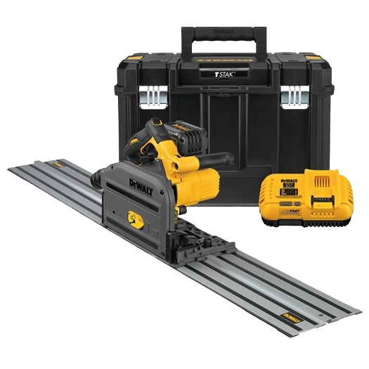 Cordless 6-1/2" DEWALT track saw kit with brushless motor, aluminum guide rail, battery charger, and carrying case for woodworking.