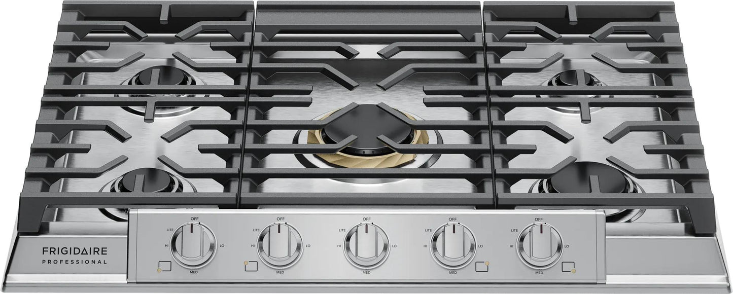30-inch stainless steel gas cooktop featuring five burners with EvenTemp technology and backlit LED control knobs, part of Cooktops and Kitchen & Kitchenware collections.