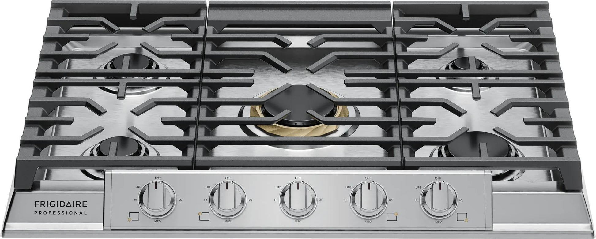 30-inch stainless steel gas cooktop featuring five burners with EvenTemp technology and backlit LED control knobs, part of Cooktops and Kitchen & Kitchenware collections.