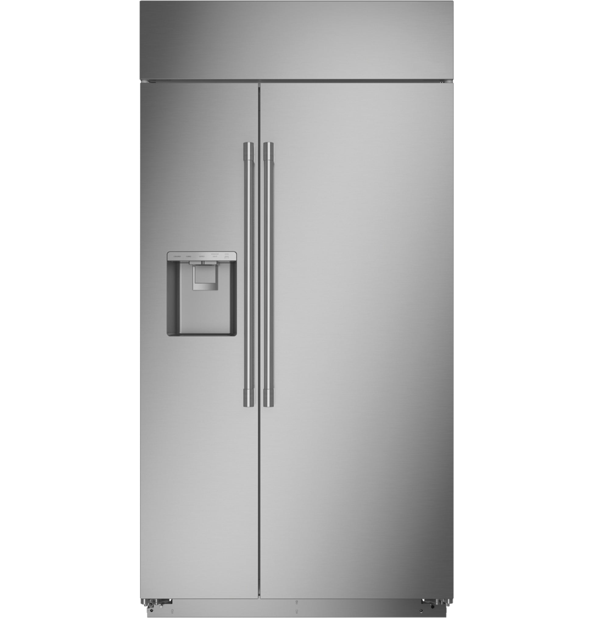 Built-in stainless steel side-by-side refrigerator with dispenser and vertical handles in kitchen appliances collection