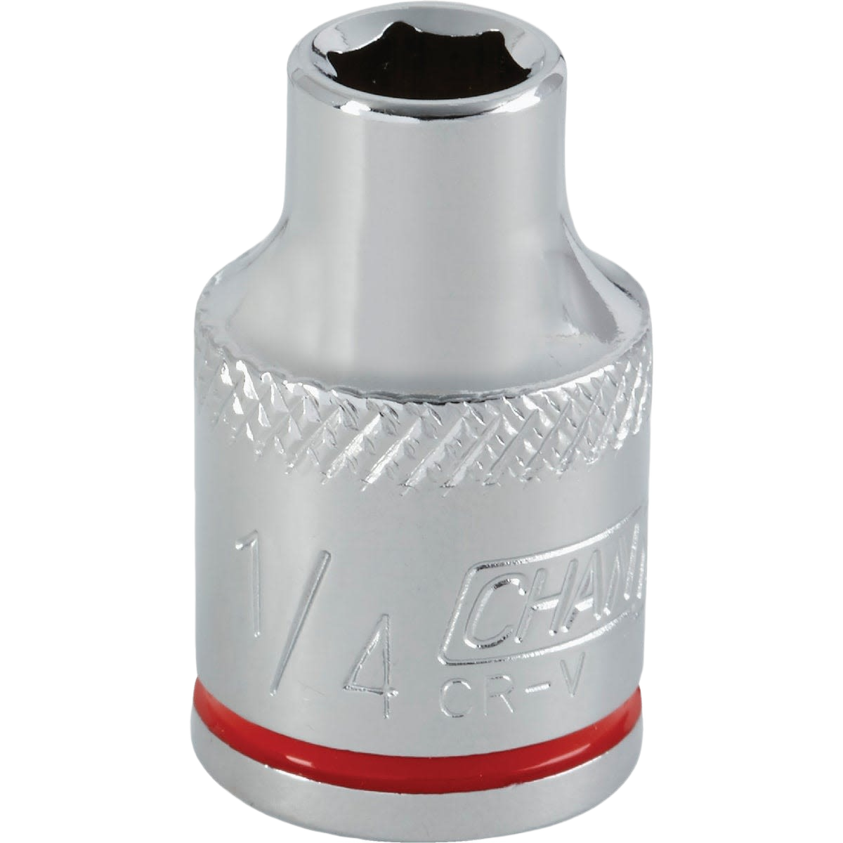 Chrome-plated shallow 6-point socket with knurled grip and red identification ring for home improvement tools