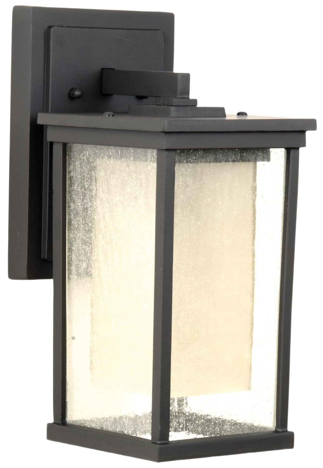 Outdoor wall-mounted lantern with oil rubbed bronze finish and seeded glass for outdoor lighting and home improvement