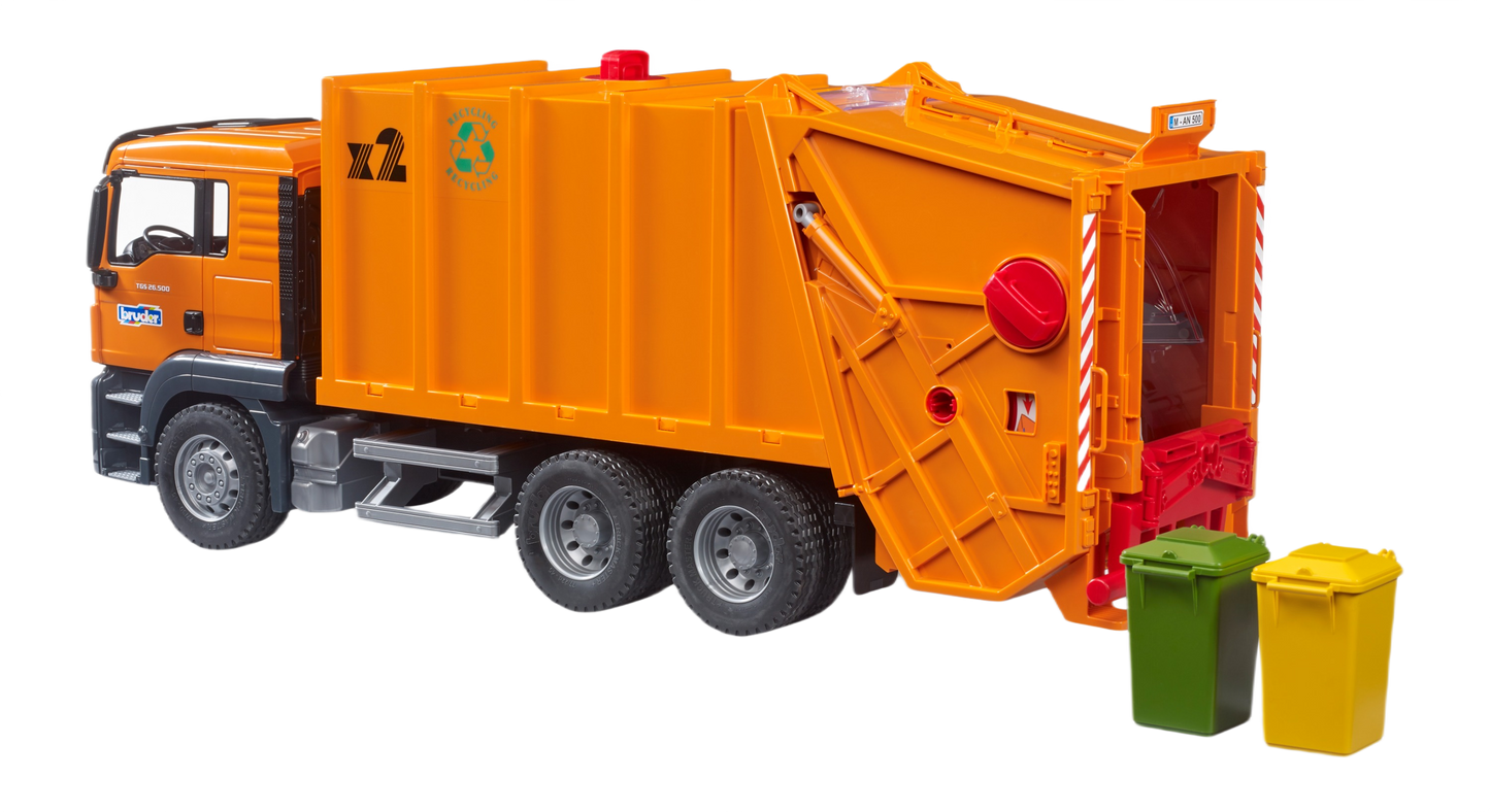 Orange Bruder MAN TGS toy garbage truck with rear loading and two small green and yellow bins for playtime