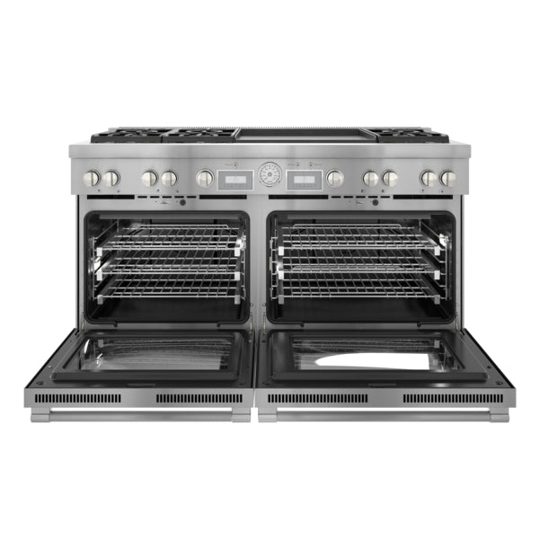 Open dual oven of stainless steel 60-inch professional gas range with multiple racks in Kitchen & Kitchenware collection