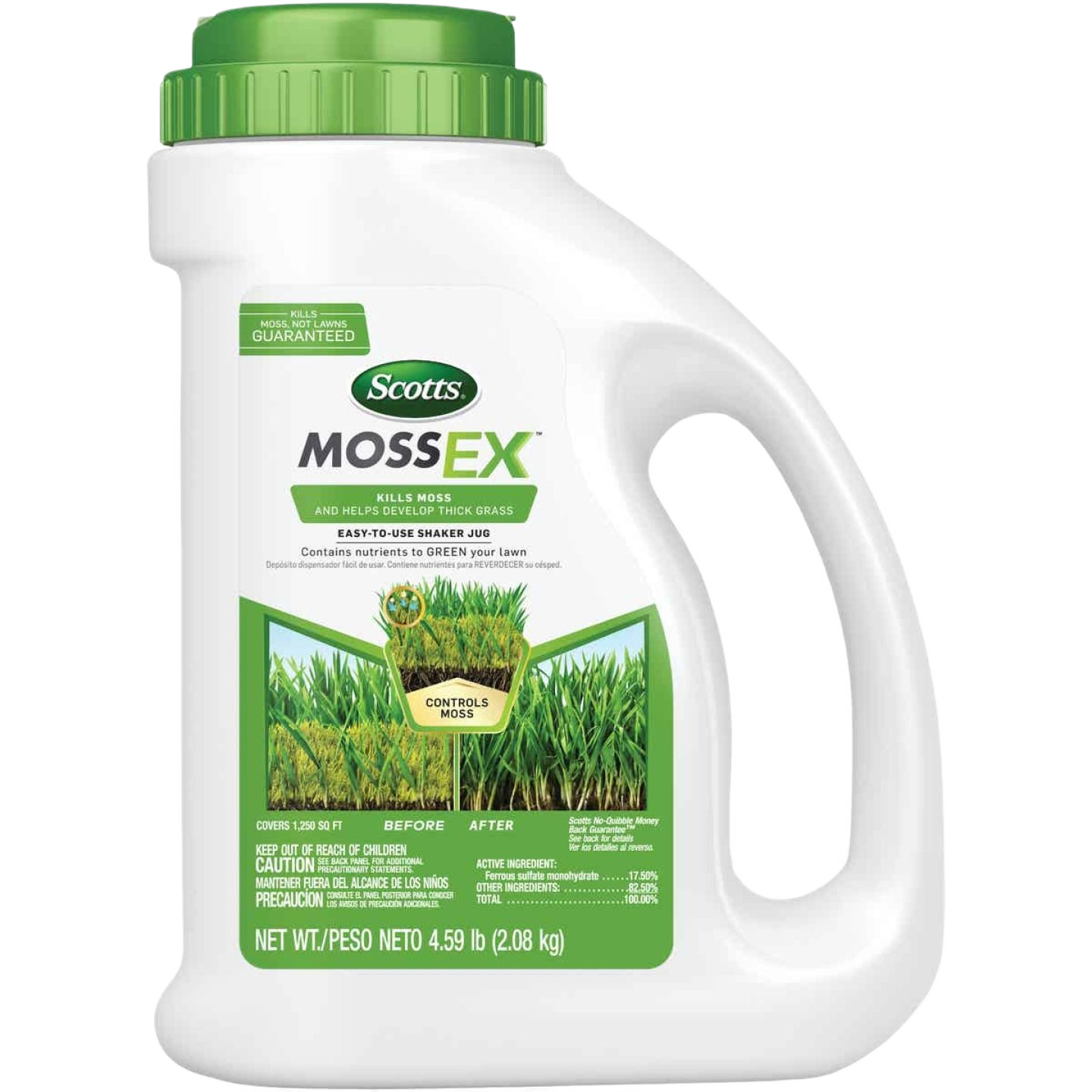 White shaker jug with green cap for moss control and lawn care, promoting healthy grass growth in garden maintenance.