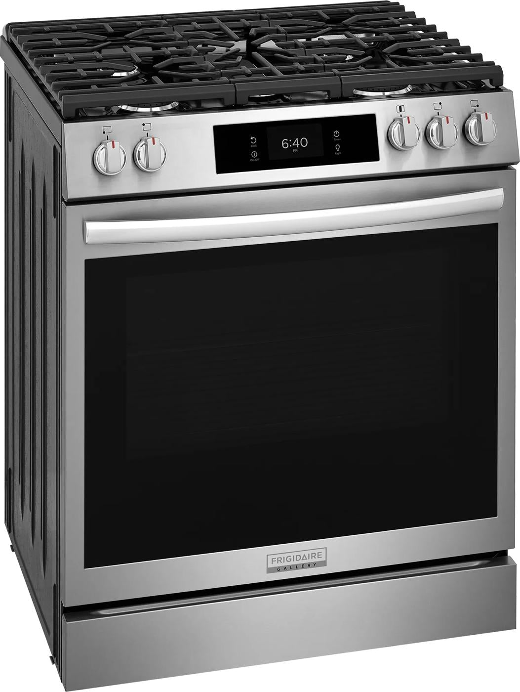 Stainless steel front control gas range with digital display and continuous cast iron grates from Ranges & Cooktops collection